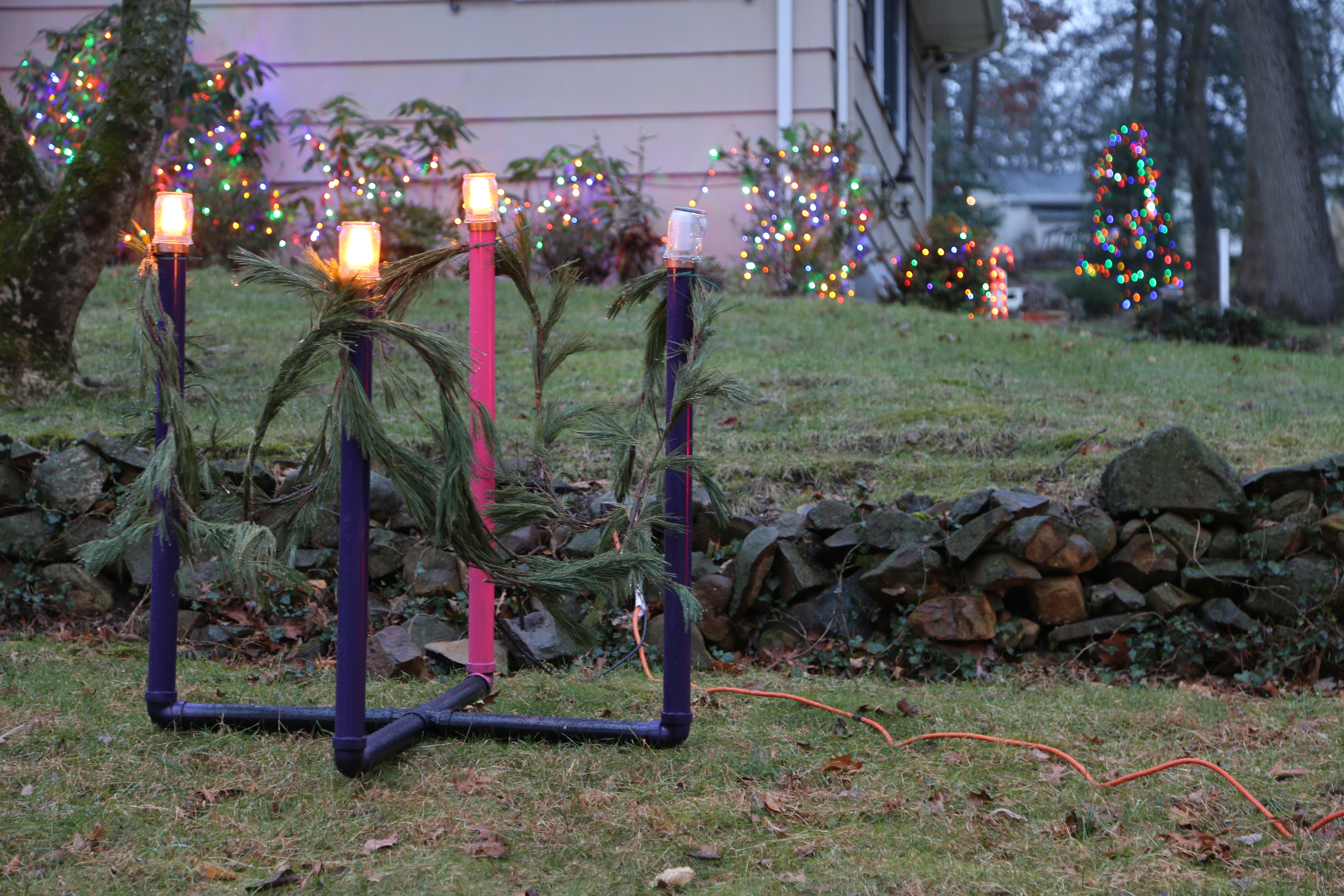 Advent Wreath on the front lawn. Third week of Advent.